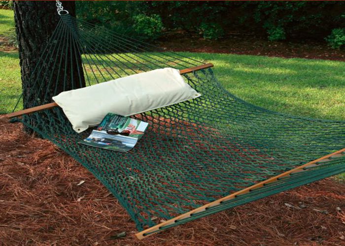 two person large forest green polyester rope hammock spreader bars