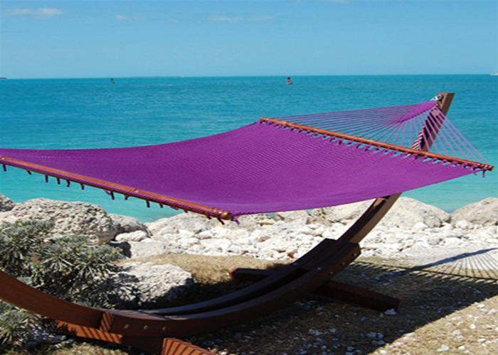 Purple Micro Weave Caribbean Style Hammock With Marine Varnished Luxury Lauan Hardwood Bar